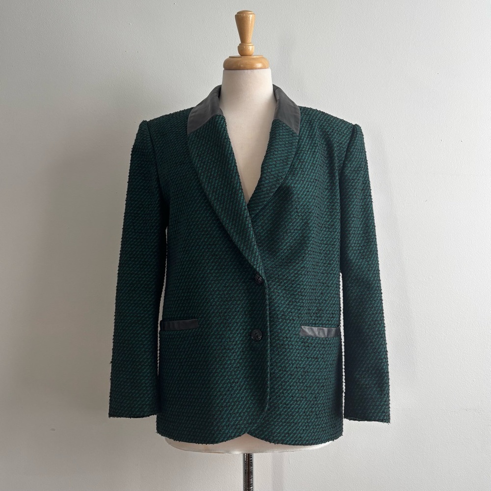 Vintage 80s Emerald Green & Black Bouclé Blazer with Leather Trim M/L